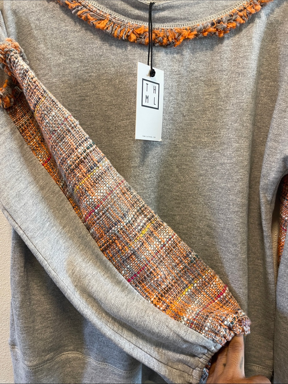 THML Gray Sweatshirt with Pink and Orange Tweed Sleeves - Picture 4 of 7